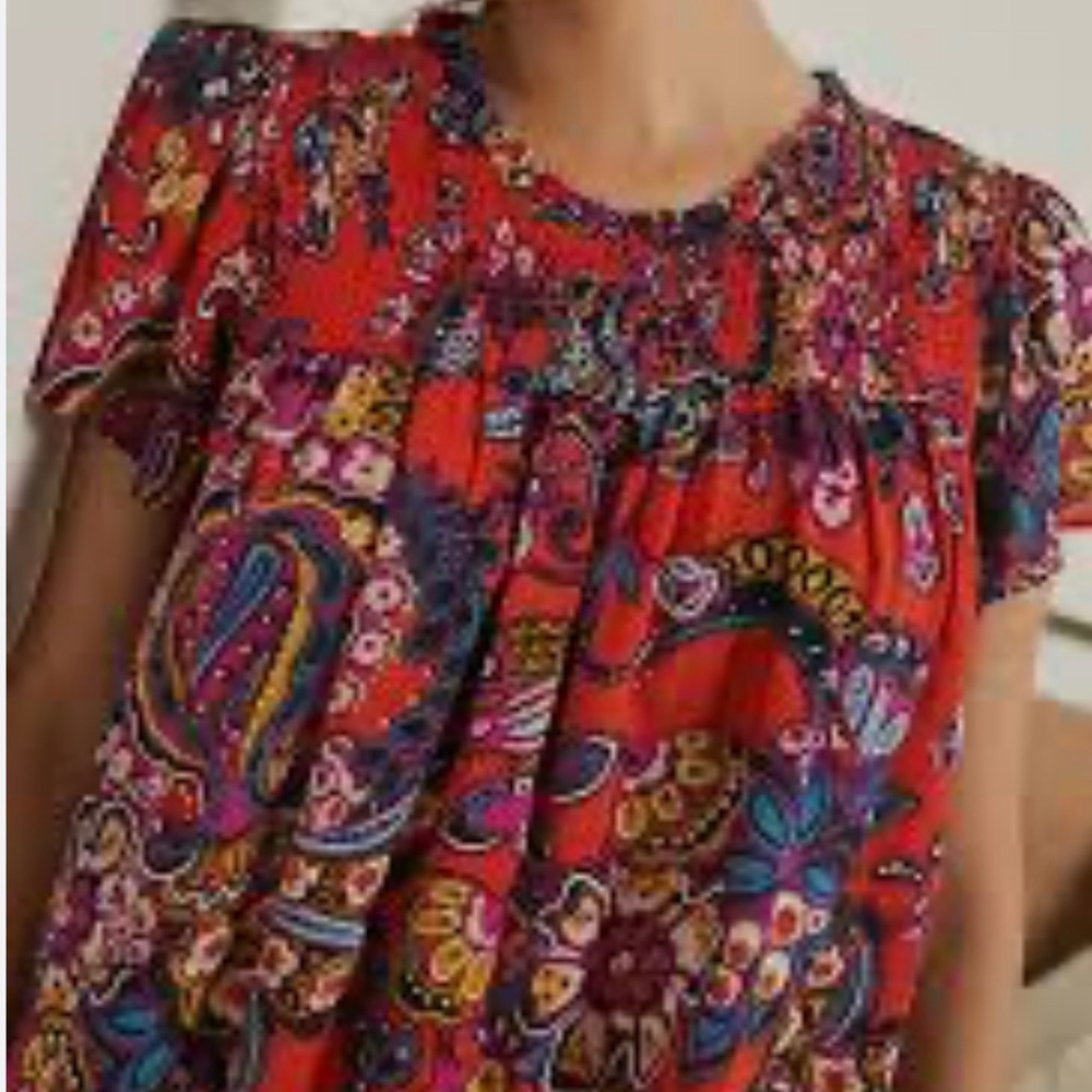 Anthropologie Sweet Dreams Red Smocked Floral Babydoll Top XS